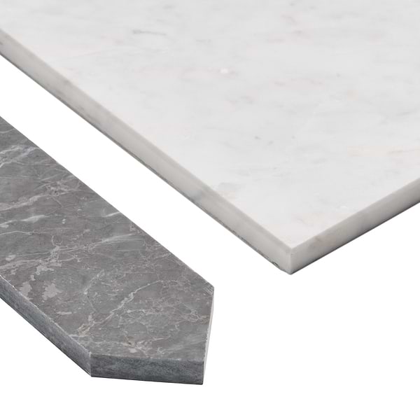 Prezzo Volakas 12x12 Square and Lovina Gray 2x12 Picket Honed Marble Tile