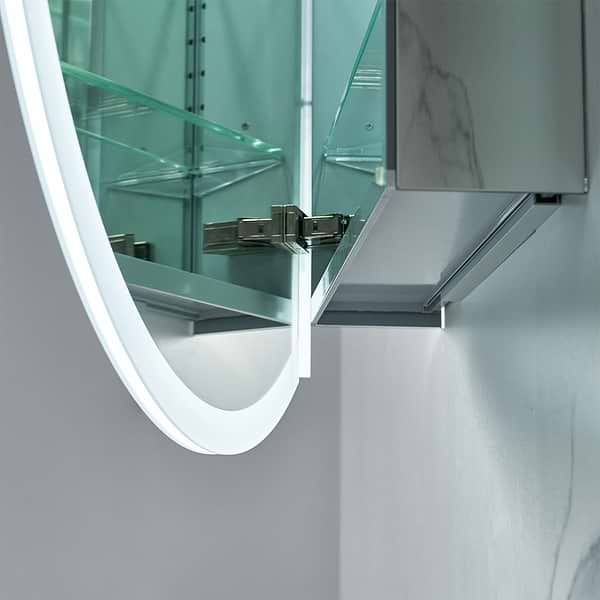 Radium Silver 32" Round Recessed or Wall Mounted Left-Hand LED Medicine Cabinet with Mirror in Silver, View 4, open zoomed image