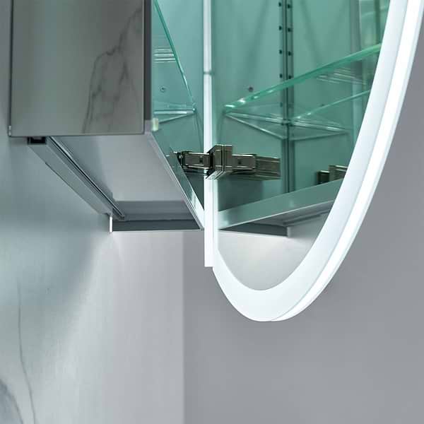 Radium Silver 32" Round Recessed or Wall Mounted Right-Hand LED Medicine Cabinet with Mirror in Silver, View 4, open zoomed image