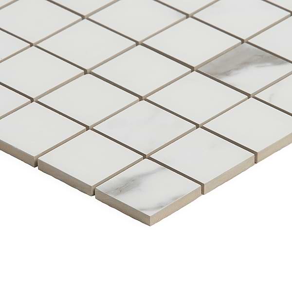 DreamStone Statuario Valley 2x2 Matte Porcelain Mosaic - Sample in White with Gray Brown Veining, View 5, open zoomed image