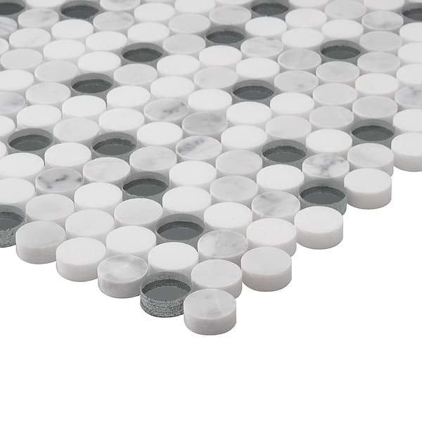 Reflection White Carrara Thassos Marble & Mirror 1" Penny Round Polished Mosaic Tile