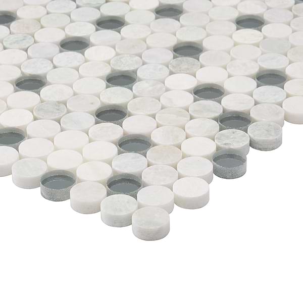Reflection Ming Green With Mirror 1" Penny Round Polished Marble & Glass Mosaic Tile
