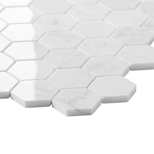 Bianco Carrara 2" Hexagon Polished Marble Mosaic Tile in White, View 8, open zoomed image