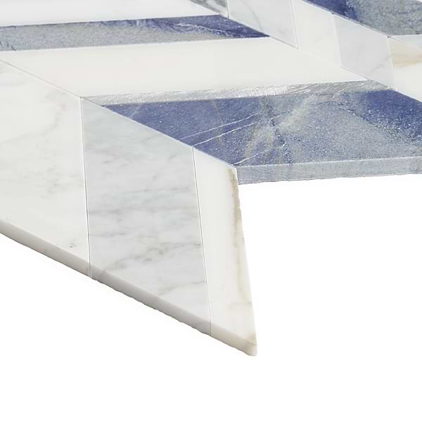 Amari Azur Polished Marble and Aluminum Chevron Mosaic Tile- Blue- White- Silver