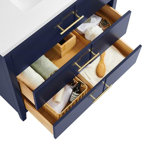 Iconic Navy and Gold 36" Single Vanity with Pure White Quartz Top