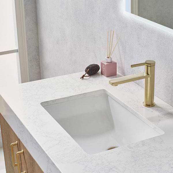 Ithica White Oak 36" Single Vanity and Gold Hardware with Atlantic Stone Top