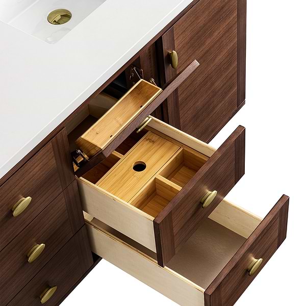 James Martin Vanities Amberly Mid-Century Walnut 60" Double Vanity with Ethereal Noctis Quartz Top