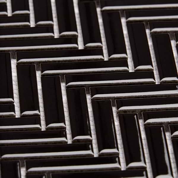 Kai Black 1x2" Herringbone Glossy Porcelain Mosaic Tile