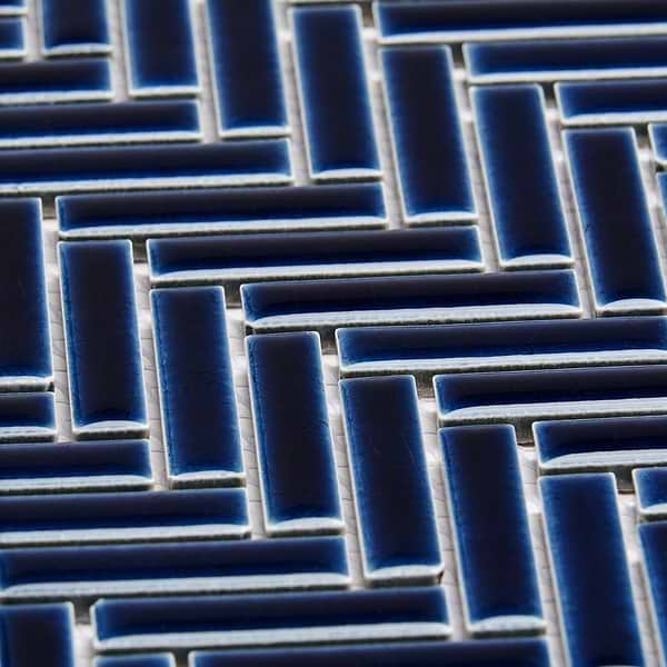 Kai Royal Blue 1x2" Herringbone Crackled Glossy Porcelain Mosaic Tile