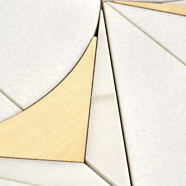 Regis Bianco Waterjet Polished Marble Mosaic Tile- White and Brass