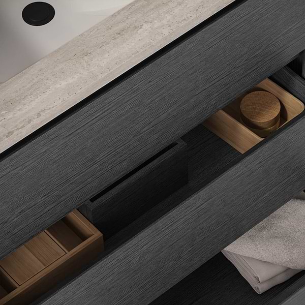 Dalton Ebony Oak 48" Single Vanity with Romano Travertine Top by TileBar Studio Vanities, View 10, open zoomed image