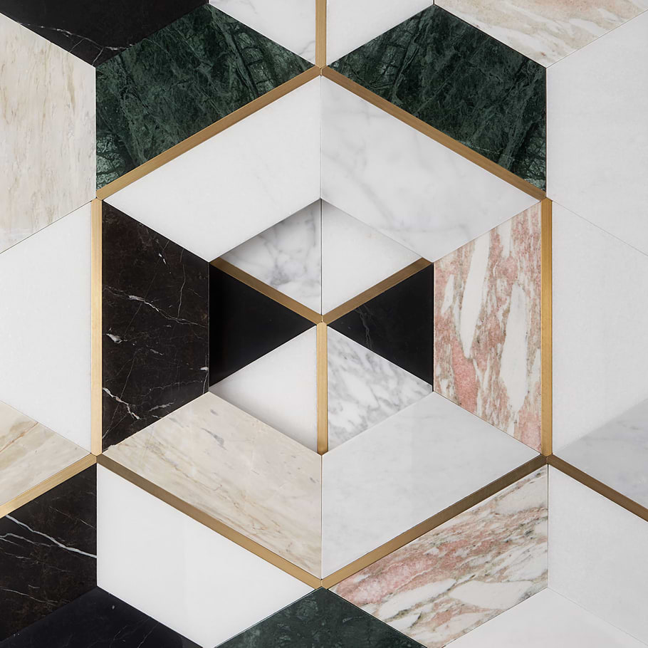 Decade Nero Blanco Black & White Hexagon Polished Marble & Brass Mosaic in Black, White, Gray and Gold, View 10, play video