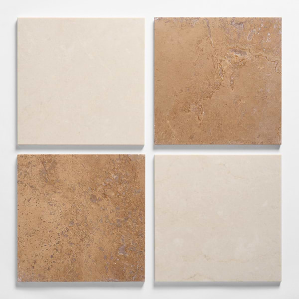 Alterno Noce Dark Brown Cross Cut and Crema Ella Beige 12x12 Honed Travertine and Marble Checkerboard Tile