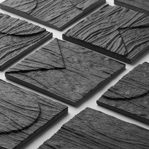 Trevino Carved Black 4x4 3D Satin Basalt Stone Tile