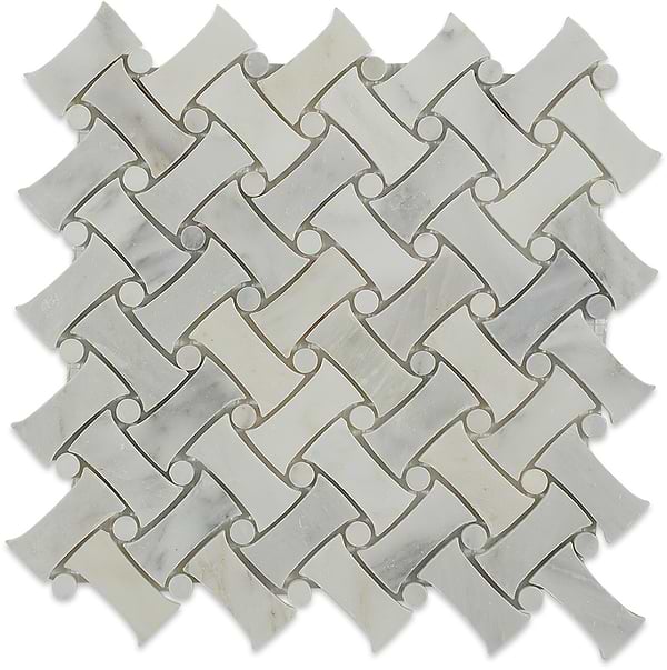 Filigree White Asian Statuary 1x2 Polished Marble Mosaic in White base with gray and gold veining, View 4, open zoomed image