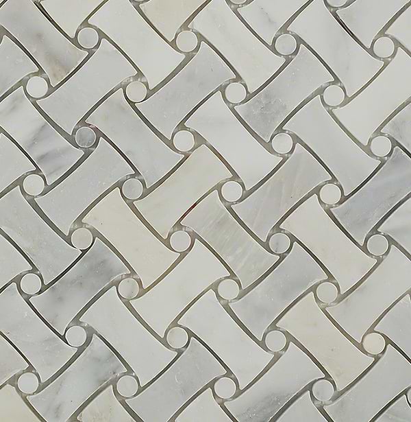 Filigree White Asian Statuary 1x2 Polished Marble Mosaic in White base with gray and gold veining, View 3, open zoomed image