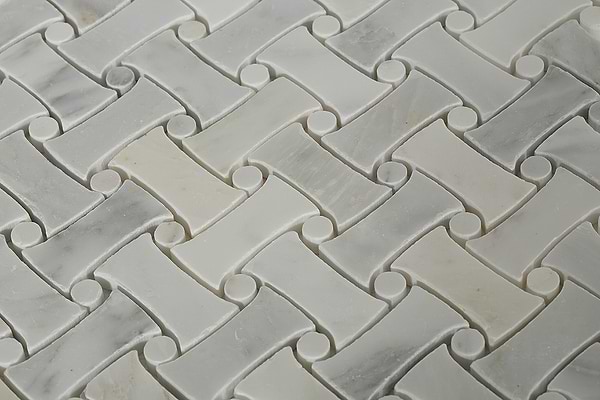 Filigree White Asian Statuary 1x2 Polished Marble Mosaic in White base with gray and gold veining, View 9, open zoomed image