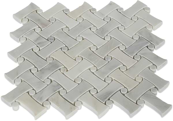 Filigree White Asian Statuary 1x2 Polished Marble Mosaic in White base with gray and gold veining, View 8, open zoomed image