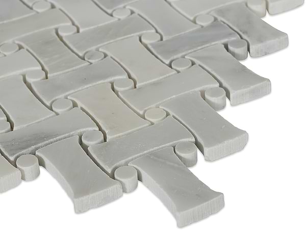 Filigree White Asian Statuary 1x2 Polished Marble Mosaic in White base with gray and gold veining, View 7, open zoomed image