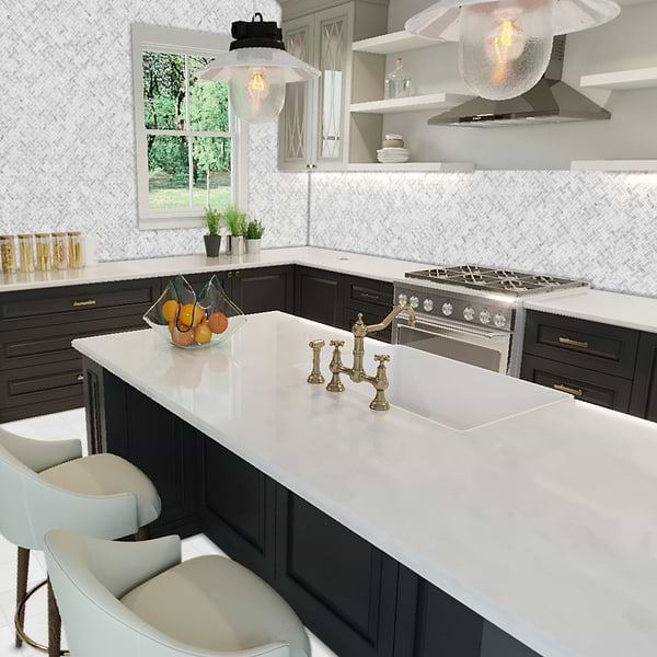 Filigree White Asian Statuary 1x2 Polished Marble Mosaic in White base with gray and gold veining, View 1
