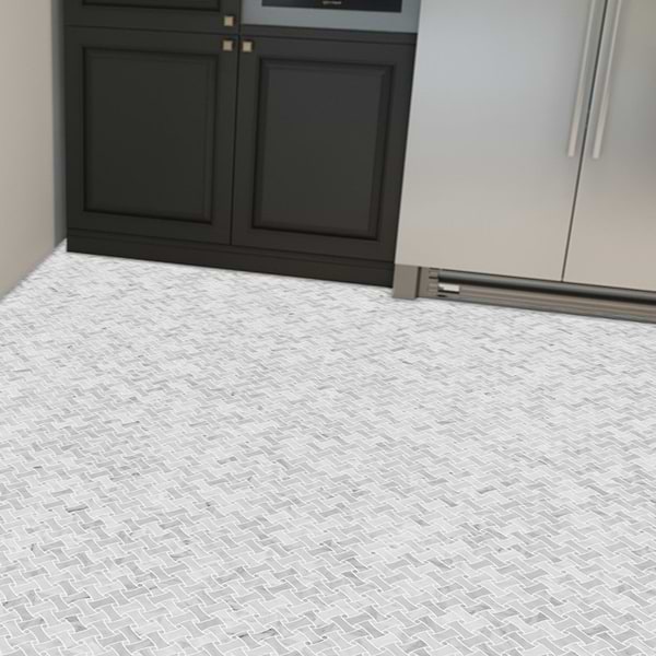 Filigree White Asian Statuary 1x2 Polished Marble Mosaic in White base with gray and gold veining, View 2, open zoomed image