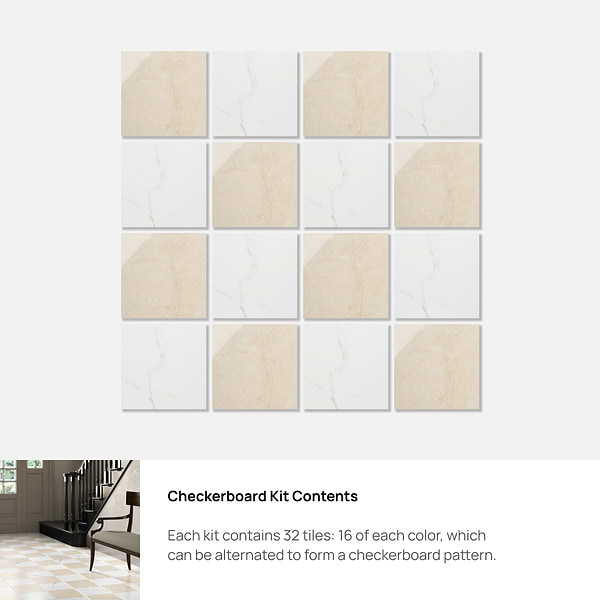 Fortunato Calacatta White and Marfil Beige 12x12 Polished Porcelain Checkerboard Tile