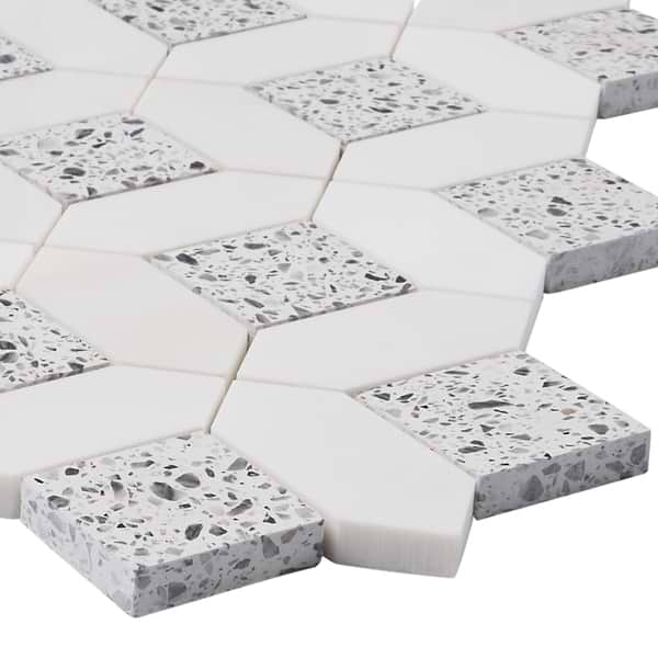 Cleopatra Diamond Truffle White Terrazzo and Bianco White Marble Polished Mosaic Tile