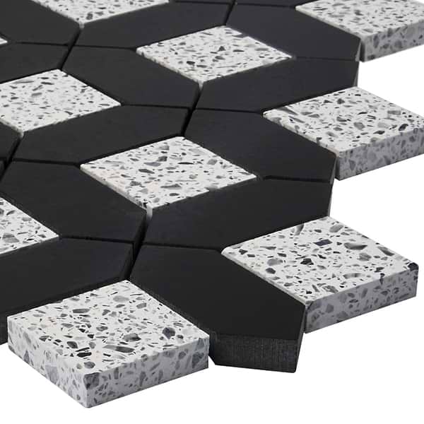 Cleopatra Diamond Truffle White Terrazzo and Nero Marquina Black Marble Polished Mosaic Tile