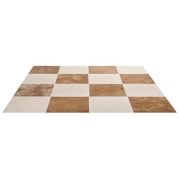 Alterno Noce Dark Brown Cross Cut and Crema Ella Beige 12x12 Honed Travertine and Marble Checkerboard Tile