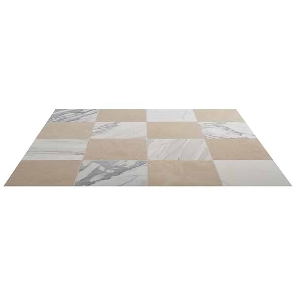 Avanti Calacatta Gold and Crema Marfil Beige 12x12 Tumbled Marble Checkerboard Tile