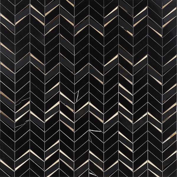 Kasol Portoro Black 2x4 Marble and Mirrored Glass Polished Mosaic Tile