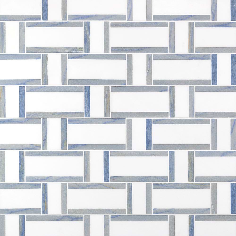 Esplanade Winter Lake White Polished Marble Mosaic; in Blue & White Blue Marble + Thassos; for Backsplash, Bathroom Floor, Bathroom Wall, Commercial Floor, Floor Tile, Kitchen Floor, Kitchen Wall, Outdoor Wall, Shower Floor, Shower Wall, Wall Tile; in Style Ideas Classic, Contemporary, Craftsman, Traditional