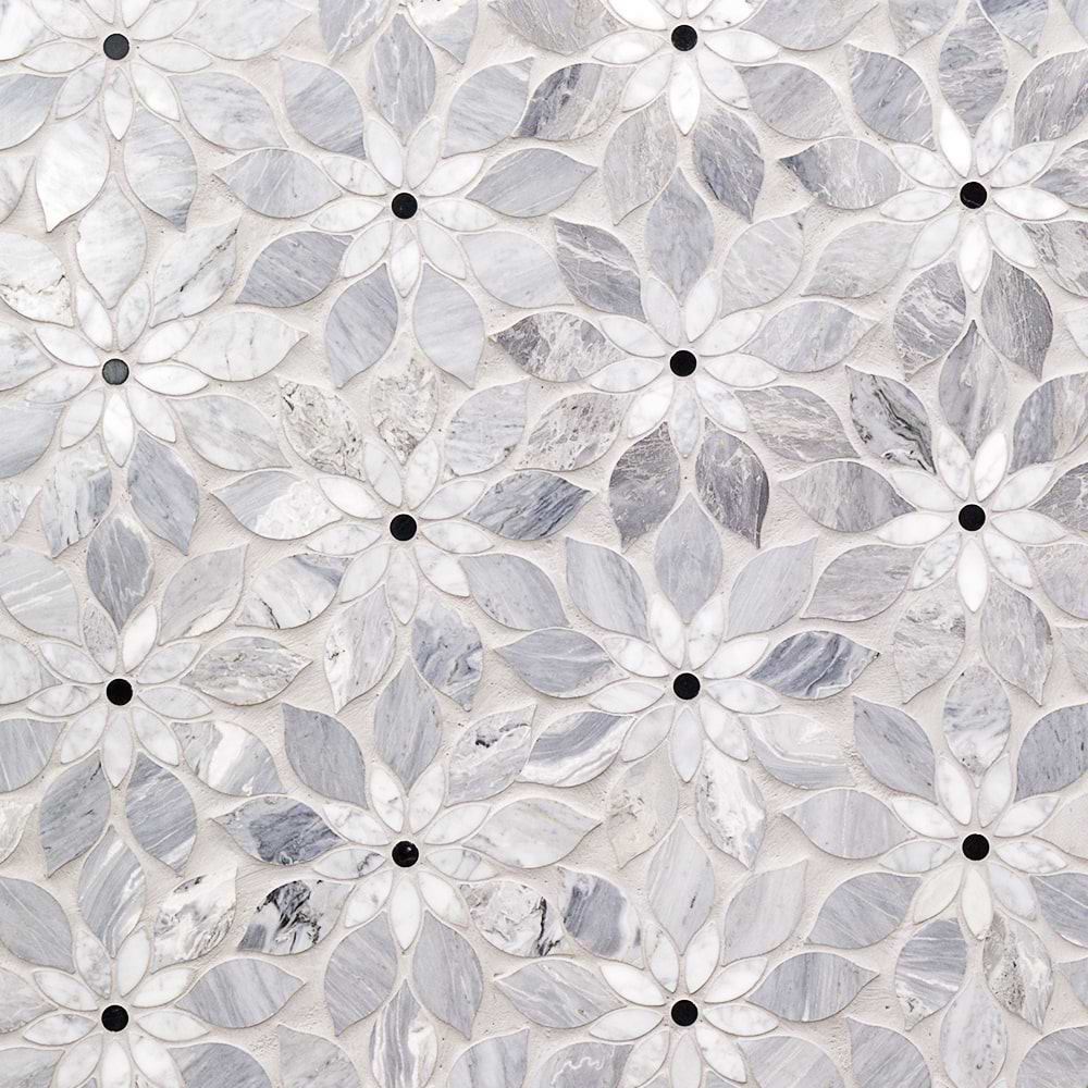 Wildflower Gray Note Bardiglio and Carrara Polished Marble Tile