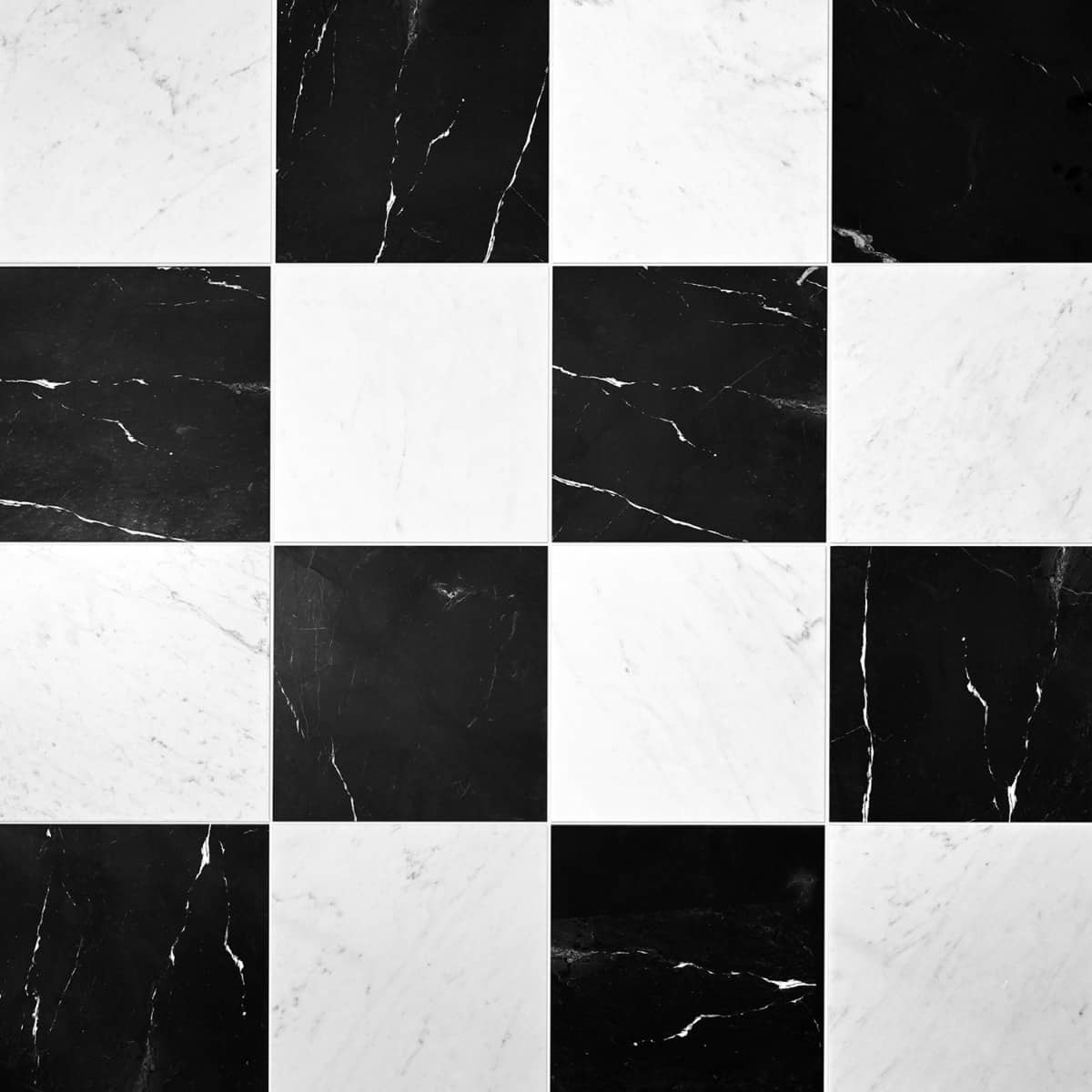 Alterno Black Silk and Bianco Carrara White 12x12 Honed Marble Checkerboard Tile