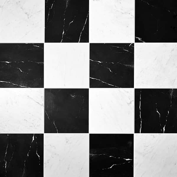 Alterno Black Silk and Bianco Carrara White 12x12 Honed Marble Checkerboard Tile