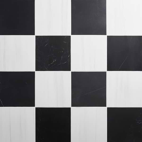 Alterno Black Silk and Glacier White Select 12x12 Honed Marble Checkerboard Tile