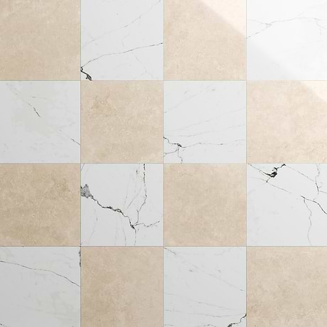 Fortunato Calacatta White and Marfil Beige 12x12 Polished Porcelain Checkerboard Tile