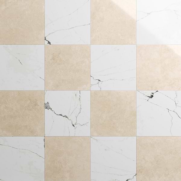 Fortunato Calacatta White and Marfil Beige 12x12 Polished Porcelain Checkerboard Tile