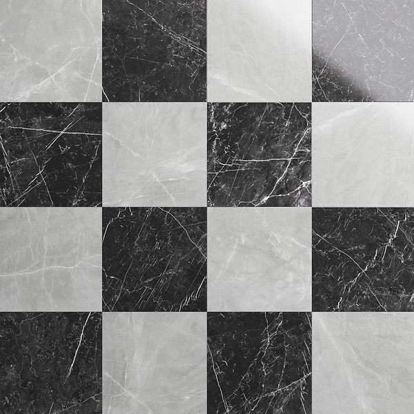 Fortunato Amani Gray and Nero Marquina Black 12x12 Polished Porcelain Checkerboard Tile