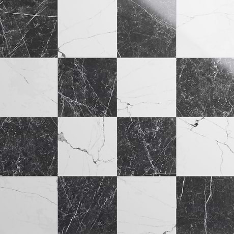 Fortunato Calacatta White and Nero Marquina Black 12x12 Polished Porcelain Checkerboard Tile