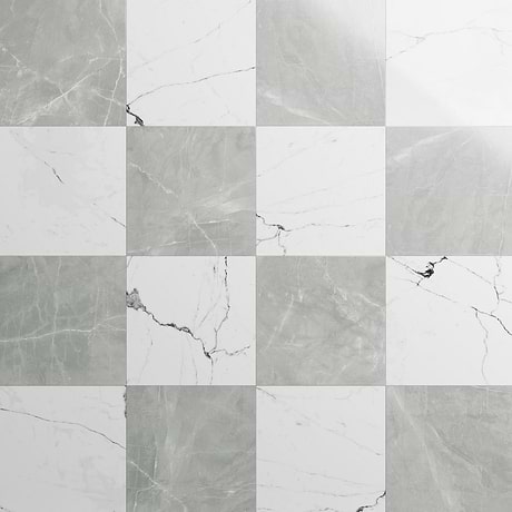 Fortunato Amani Gray and Calacatta White 12x12 Polished Porcelain Checkerboard Tile