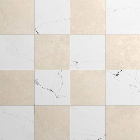 Fortunato Calacatta White and Marfil Beige 12x12 Matte Porcelain Checkerboard Tile