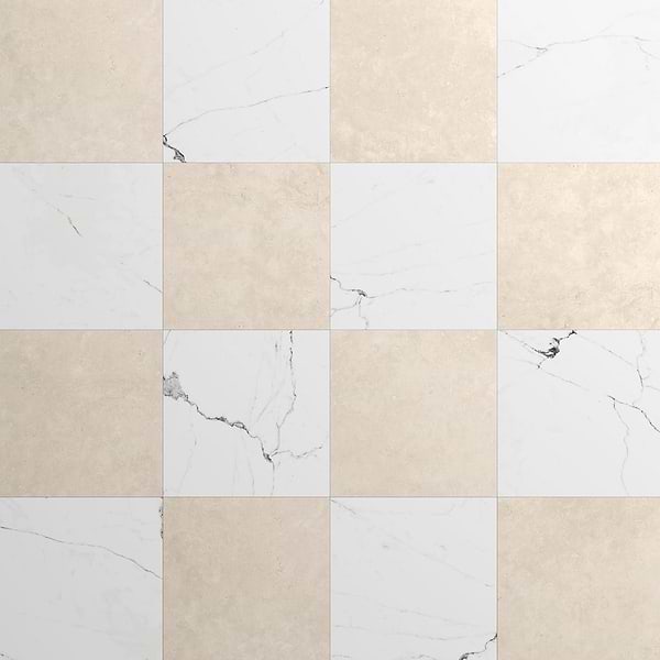 Fortunato Calacatta White and Marfil Beige 12x12 Matte Porcelain Checkerboard Tile