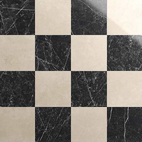 Fortunato Marfil Beige and Nero Marquina Black 12x12 Polished Porcelain Checkerboard Tile