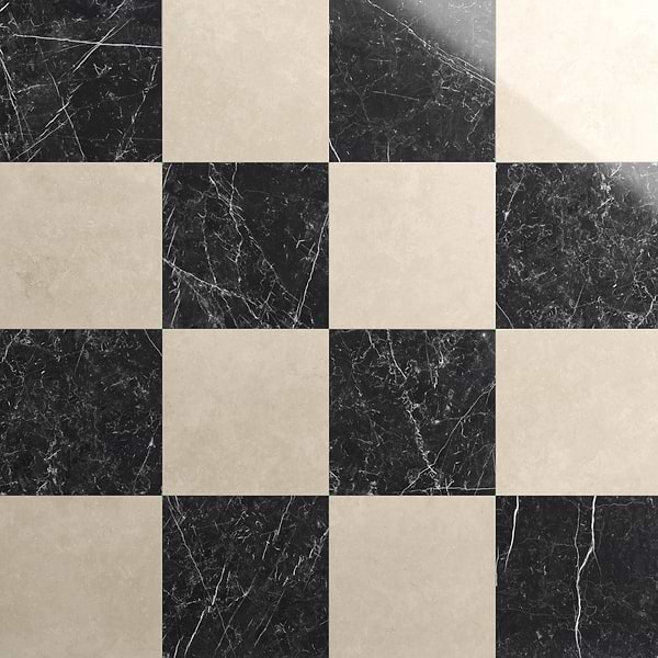 Fortunato Marfil Beige and Nero Marquina Black 12x12 Polished Porcelain Checkerboard Tile