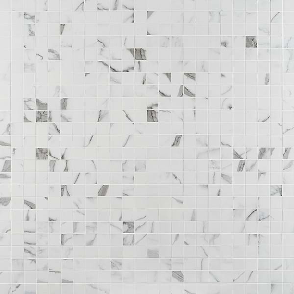 DreamStone Statuario Valley 2x2 Matte Porcelain Mosaic - Sample in White with Gray Brown Veining, View 4, open zoomed image