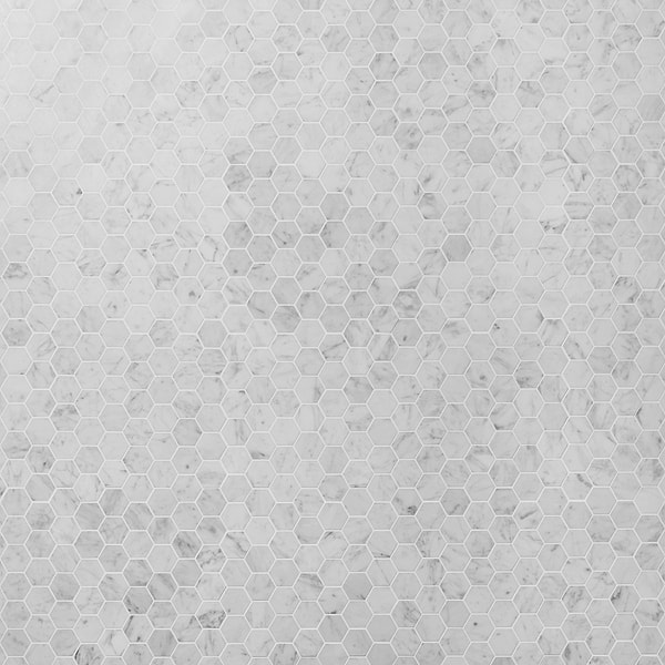 Bianco Carrara 2" Hexagon Polished Marble Mosaic Tile in White, View 1