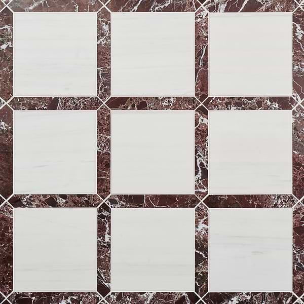 Prezzo Glacier White 12x12 Square and Rosso Levanto 2x12 Picket Honed Marble Tile