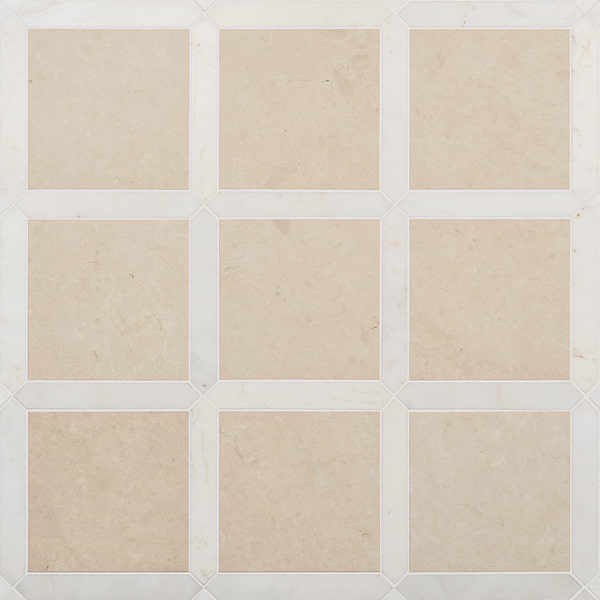 Prezzo Crema Ella 12x12 Square and Ayfon White 2x12 Picket Honed Marble Tile