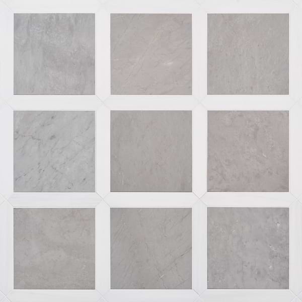 Prezzo Ice Gray 12x12 Square and Glacier White 2x12 Picket Honed Marble Tile